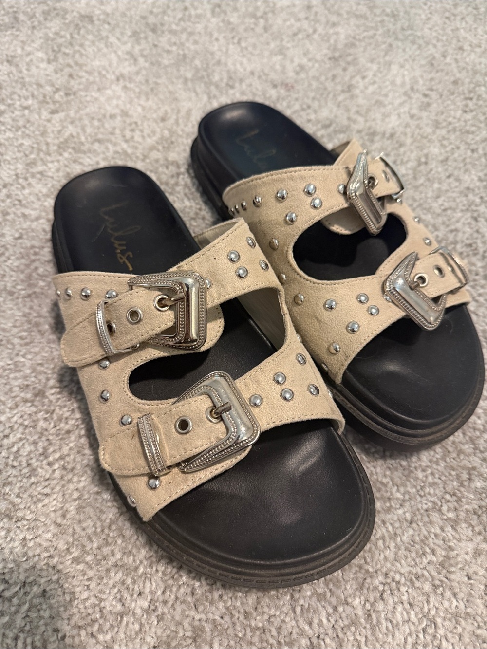 Lulu's Beige Suede Double Buckle Stud Slide Sandals
